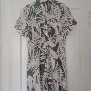 Ann Taylor Loft Island Frond Mini Pocket Shirtdress Pink/White/Green Large